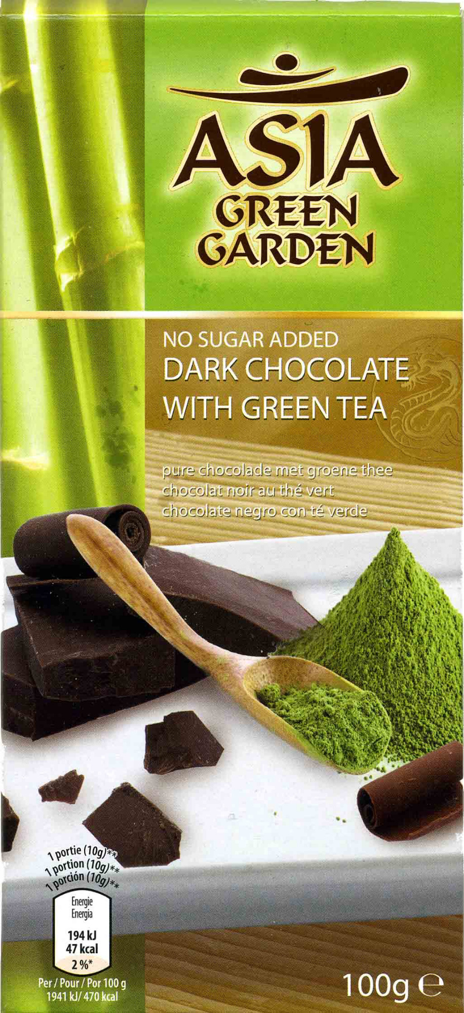 chocolate negro sin azúcar con té verde Asia Green Garden